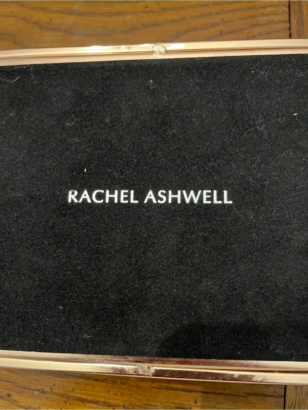 Rachel Ashwell Glass Jewelry Display Box with Rose Gold Trim and Gray Lining